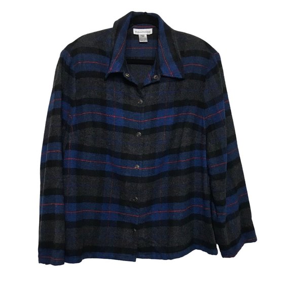 Evan Picone VTG Blue Grey Black Plaid Shirt Jacket 22W Wood Blend Snap Closure - Picture 1 of 8